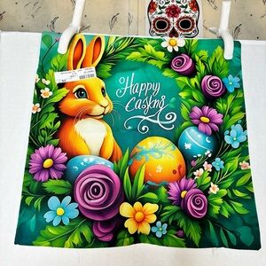 Happy Easter Bunny Garden Pillowcase- Teal Green White Zipper 14”x14”